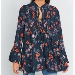 NWOT Free People Crepe So Fine Floral Smocked Top Navy and Red